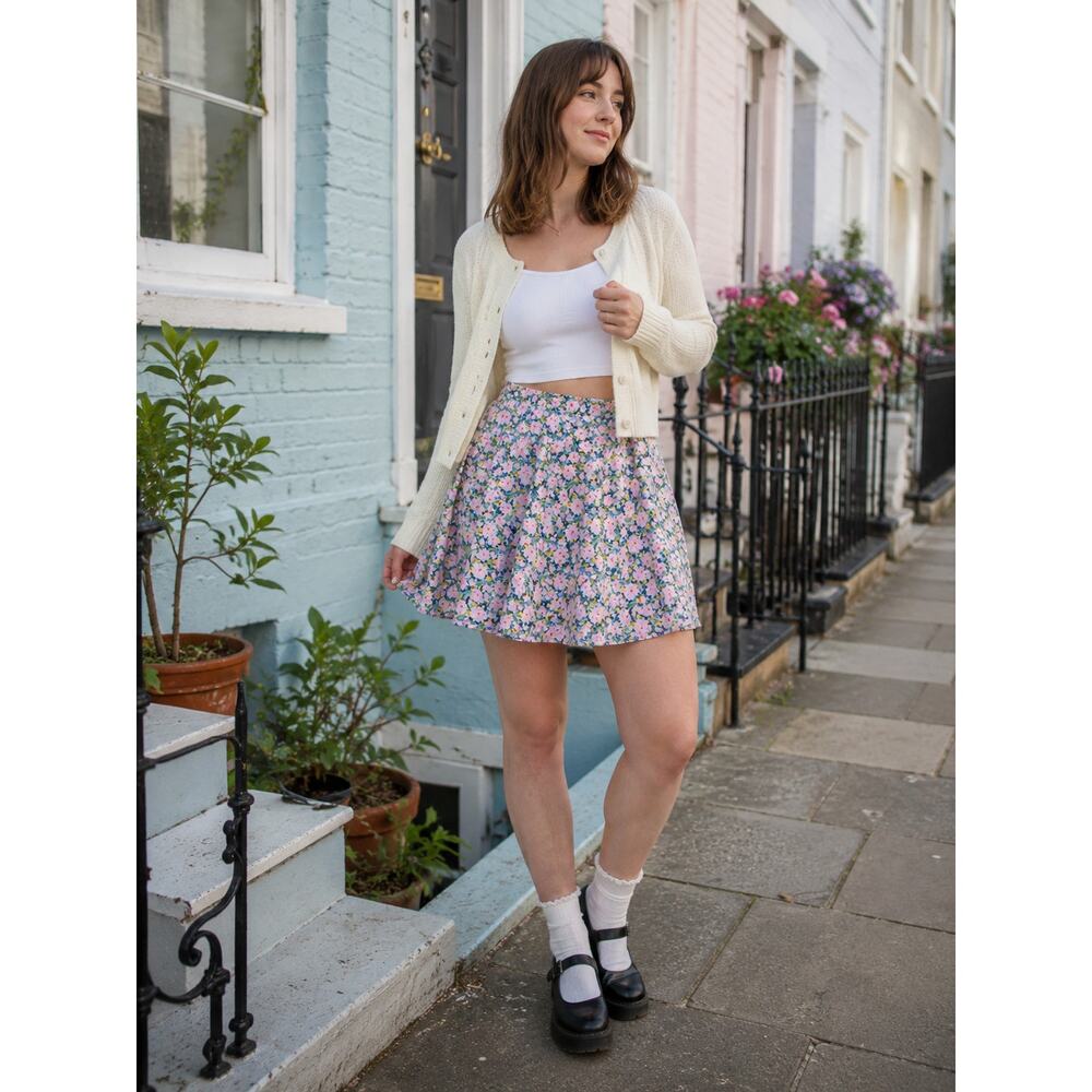 Joanie Floral Print Mini Skirt XL Cottagecore Retro Mod Pink Blue Spring